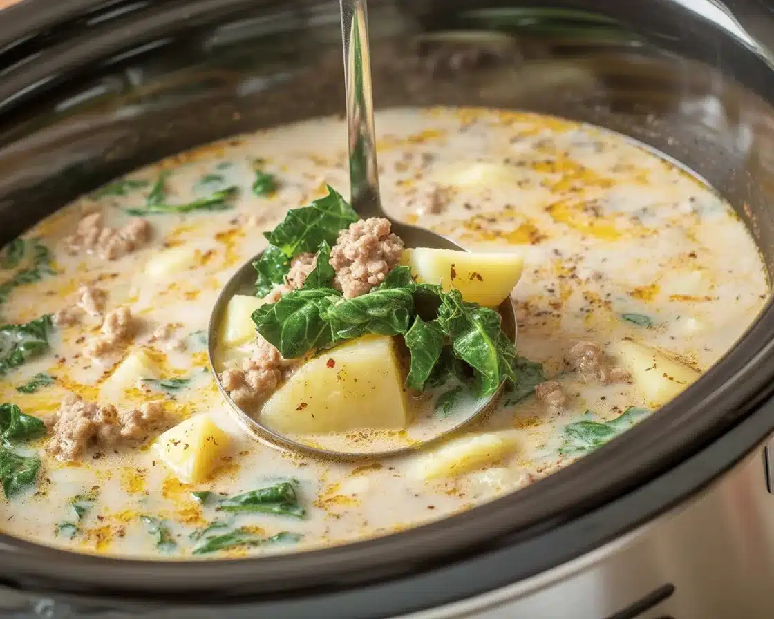 Creamy zuppa toscana crock pot recipe with sausage, potatoes, and kale.