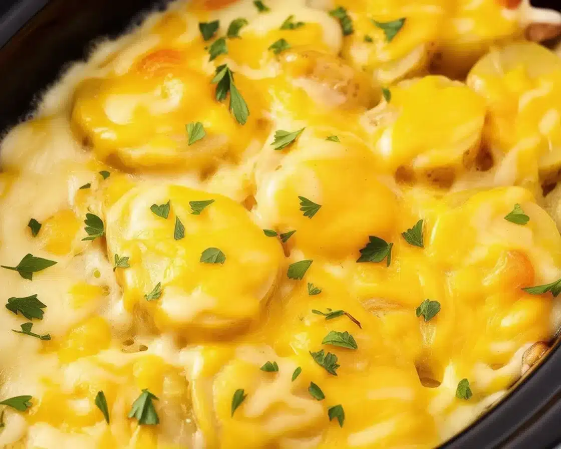 Creamy and cheesy slow cooker scalloped potatoes layered with tender slices and rich sauce
