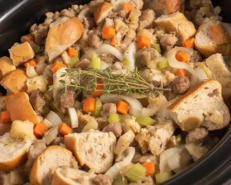 Delicious Crock Pot Stuffing with bread, celery, and spices, perfect for holiday meals.