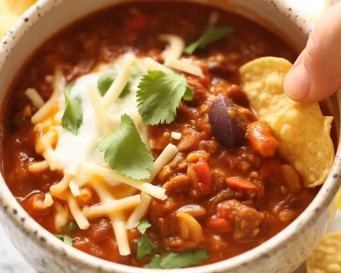 Delicious bowl of award-winning chili con carne with toppings and ingredients.