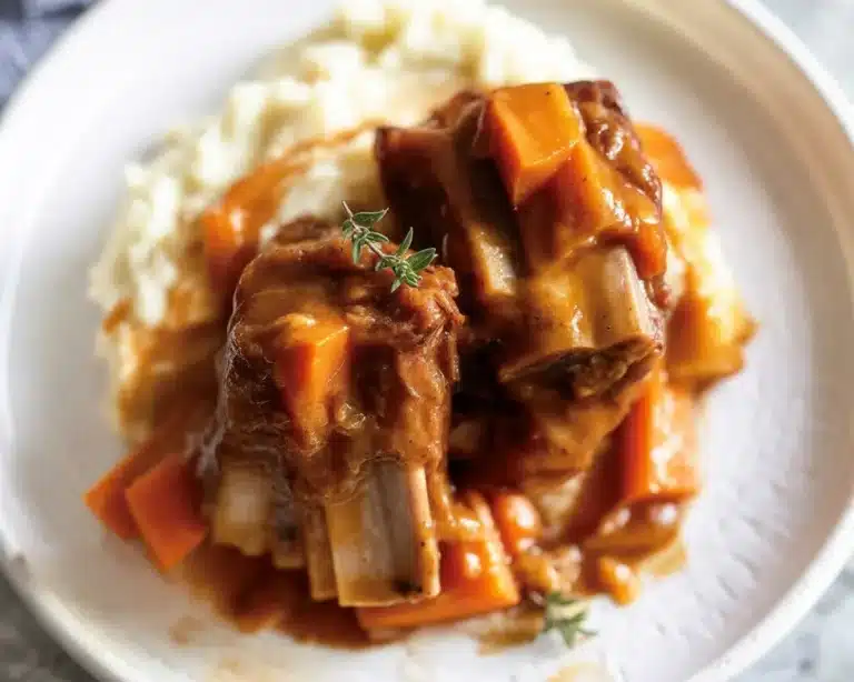 Delicious braised short ribs served with rich sauce and herbs.