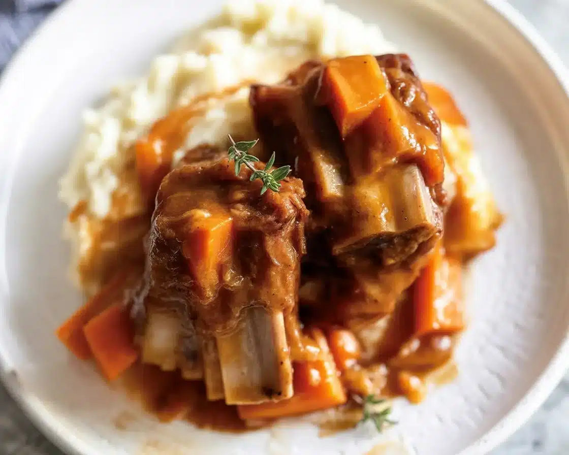 Delicious braised short ribs served with rich sauce and herbs.