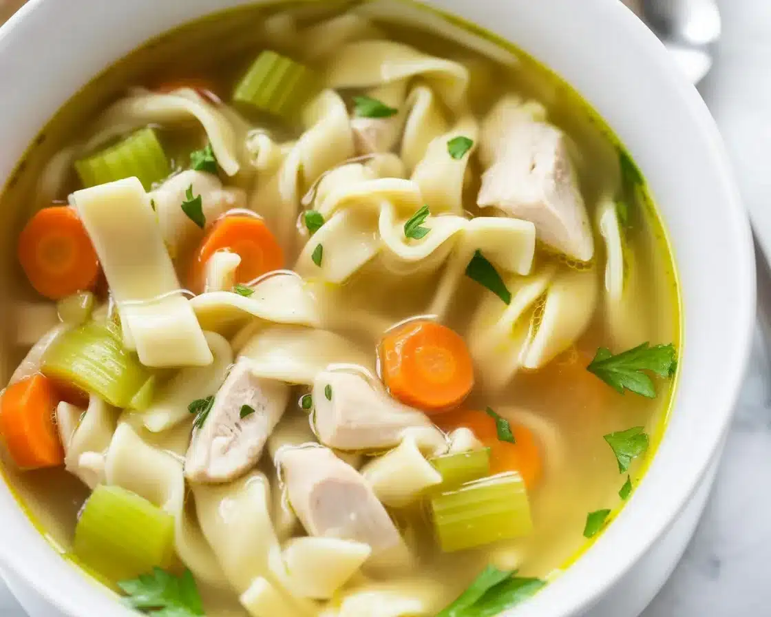 Bowl of homemade chicken noodle soup with chicken, carrots, and egg noodles.