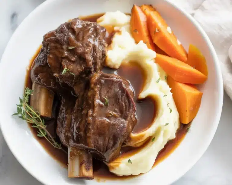 Tender beef short ribs cooked in a rich gravy in the crock pot, served with vegetables.