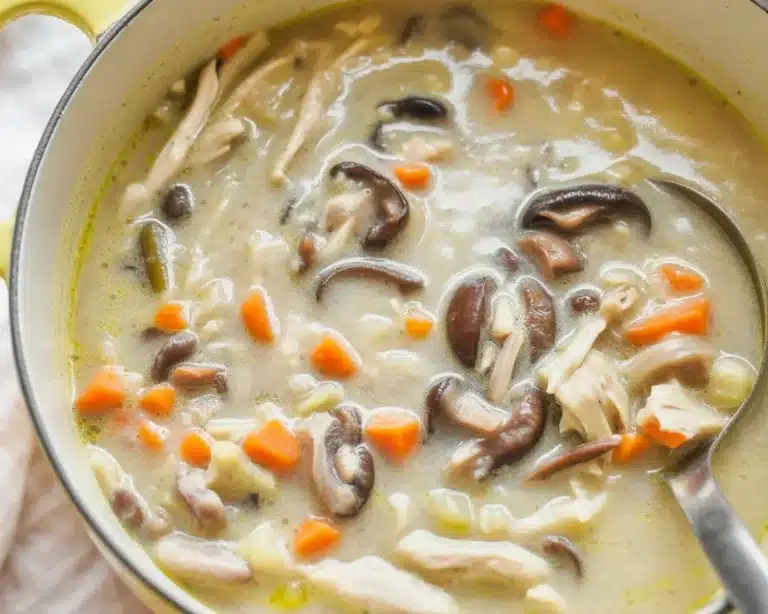 Creamy turkey wild rice soup made with leftover turkey in a cozy bowl.