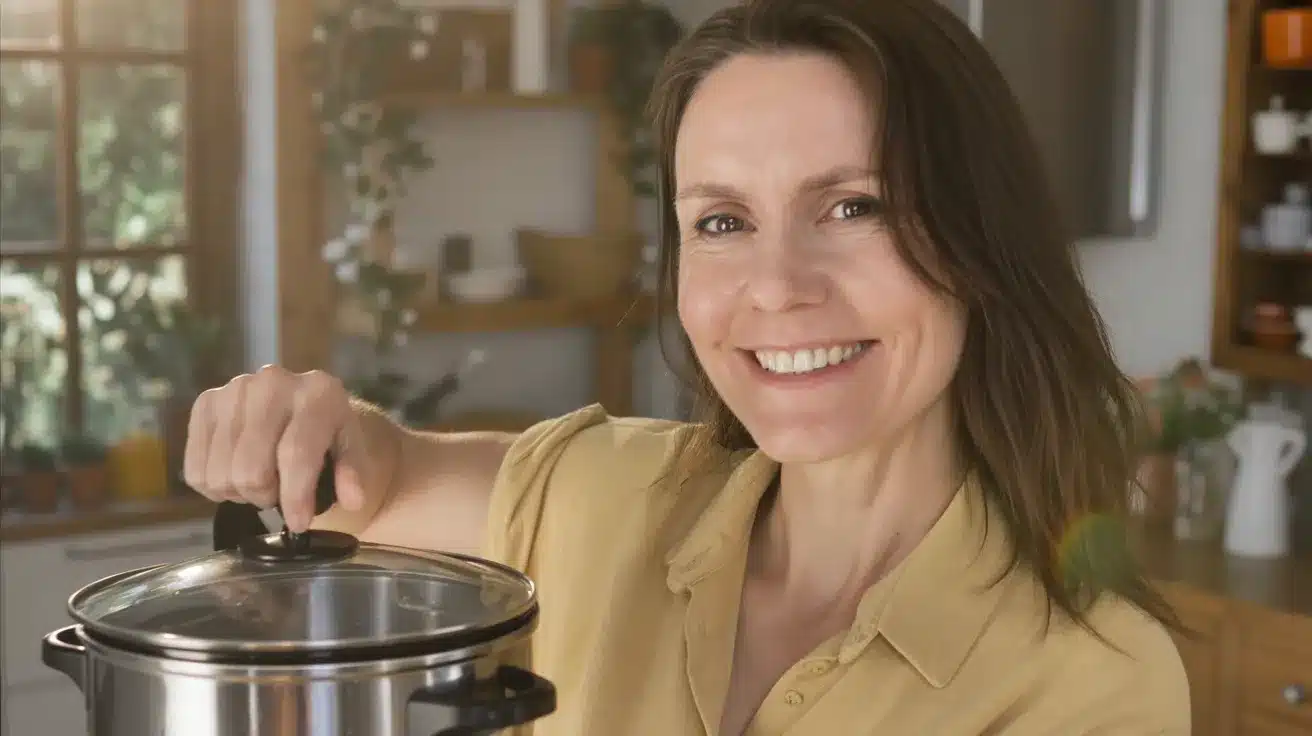 Lila Morrison, a smiling 46-year-old Southern woman with brown hair and hazel eyes, prepares a hearty crockpot meal in her cozy rustic kitchen filled with warm light and wooden accents, capturing the comfort and charm of authentic Southern cooking.
