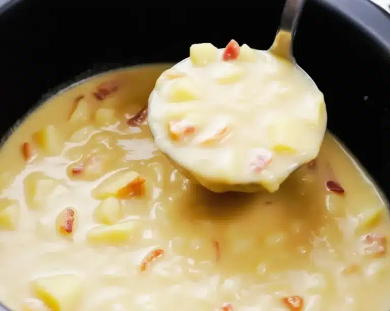 Delicious crock pot potato soup with bacon, cheese, and herbs in a bowl.
