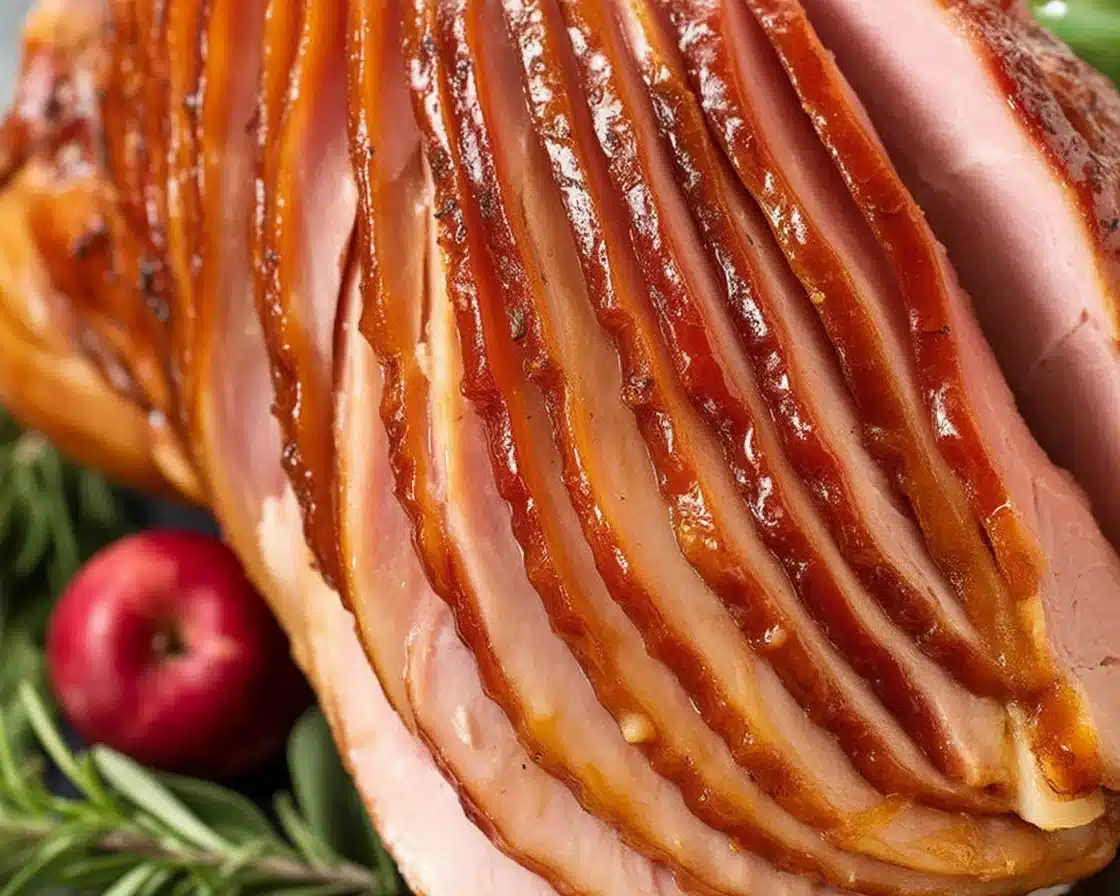 Delicious slow cooker ham with brown sugar glaze, ready to serve.