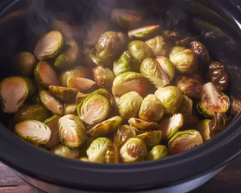 Slow cooker maple brussels sprouts with maple syrup and spices in a crockpot.