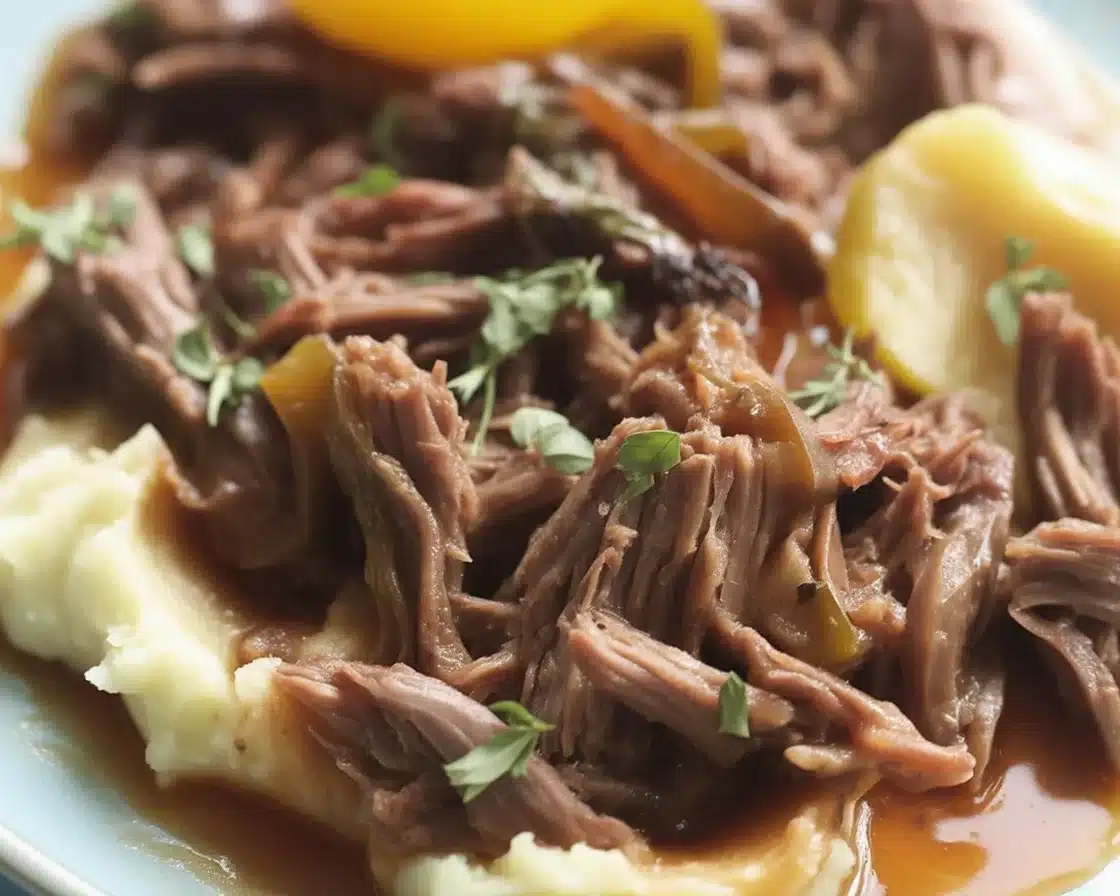 Delicious Mississippi pot roast served with rich gravy and pepperoncini peppers.