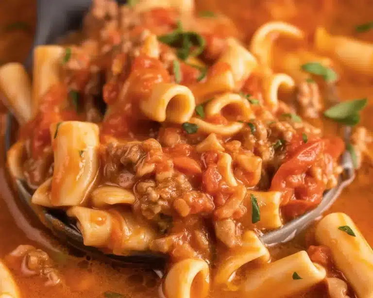 Slow Cooker Lasagna Soup with ground beef, cheese, and pasta in a comforting bowl.