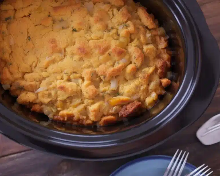Crock Pot Cornbread Dressing prepared with cornbread, celery, and onions.