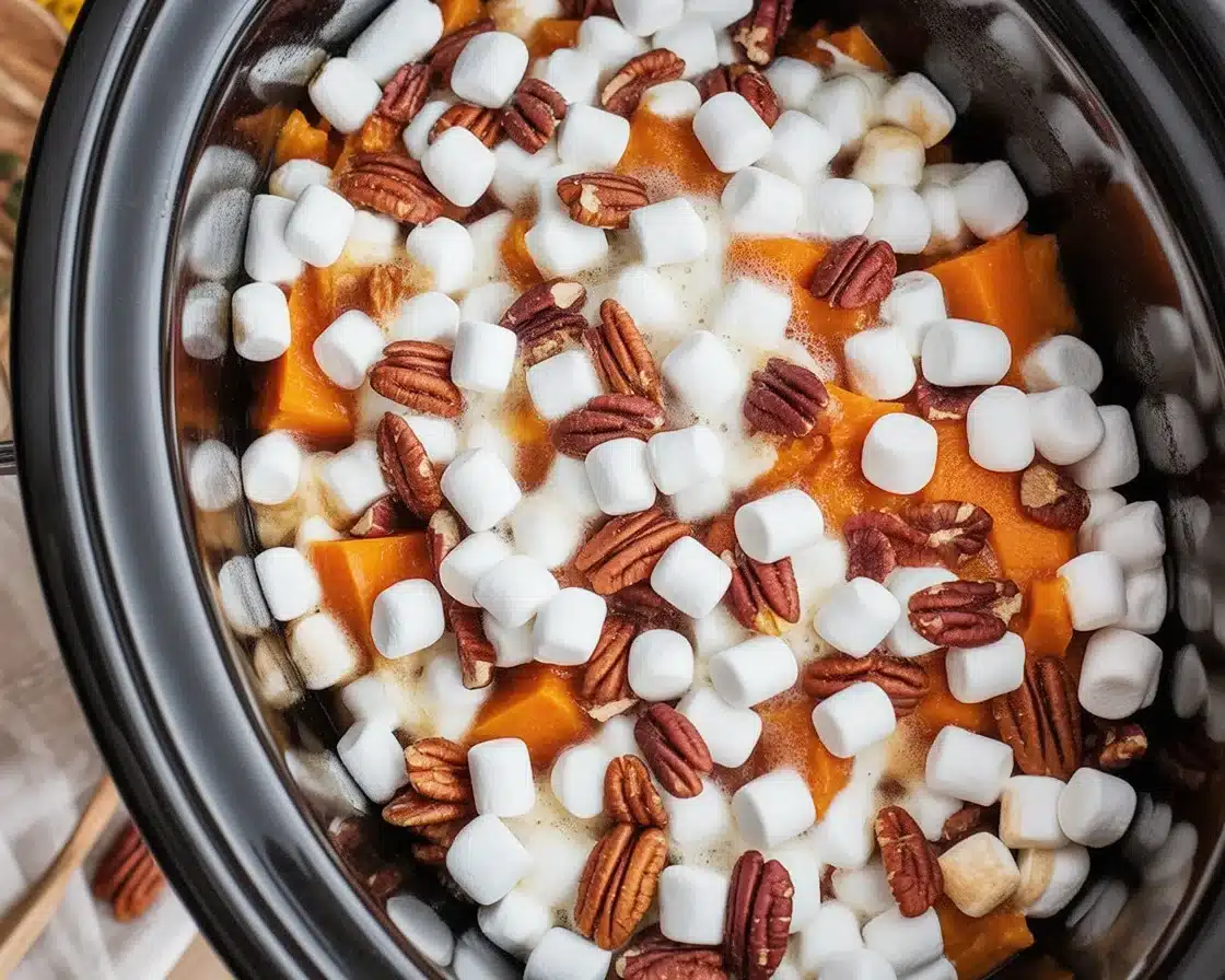 Delicious crock pot sweet potato casserole topped with marshmallows and pecans.