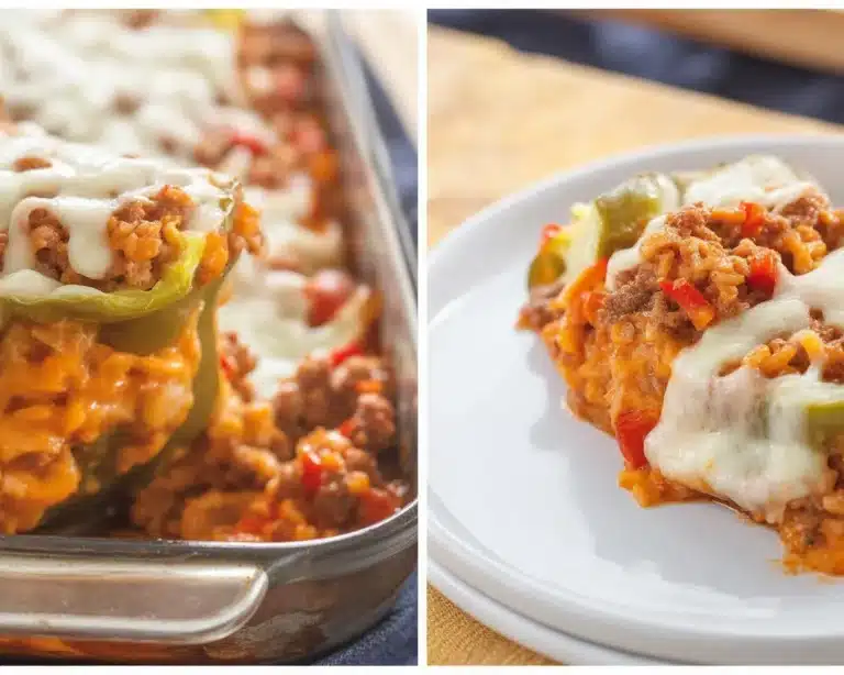 Delicious stuffed pepper casserole with ground beef, rice, and melted cheese in one pot.