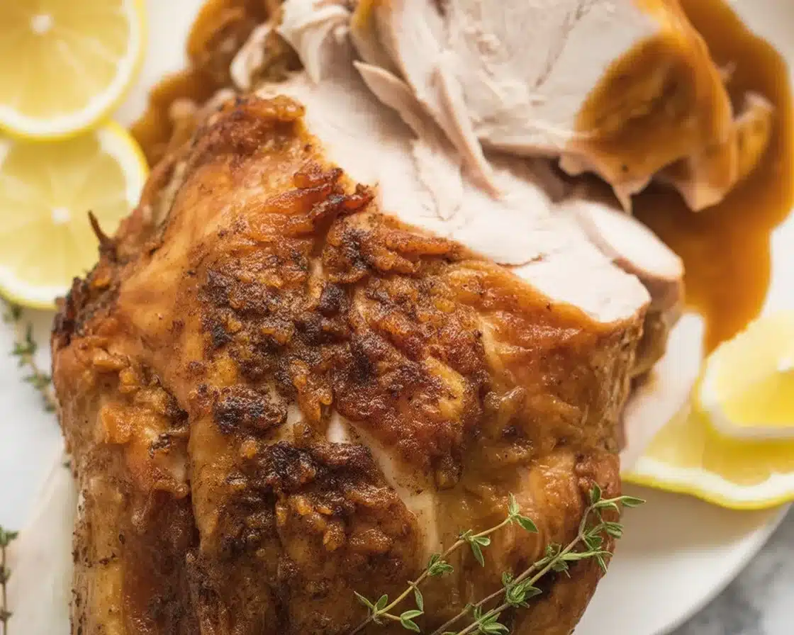 Juicy slow cooker turkey breast served with garlic-herb gravy.