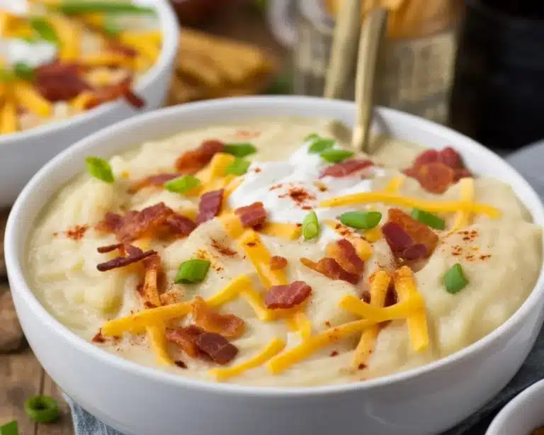 Creamy potato soup served in a bowl garnished with fresh herbs.