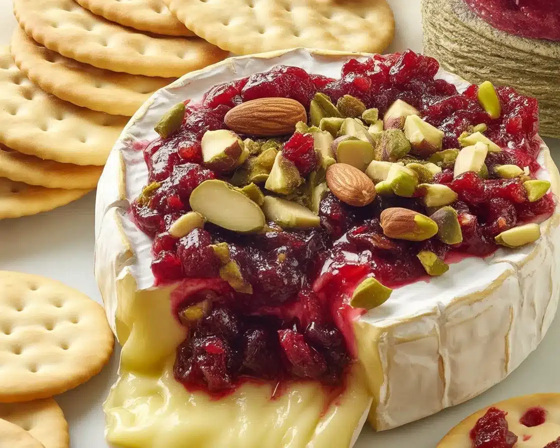 Creamy cranberry brie dip served with crackers, perfect for holiday gatherings.