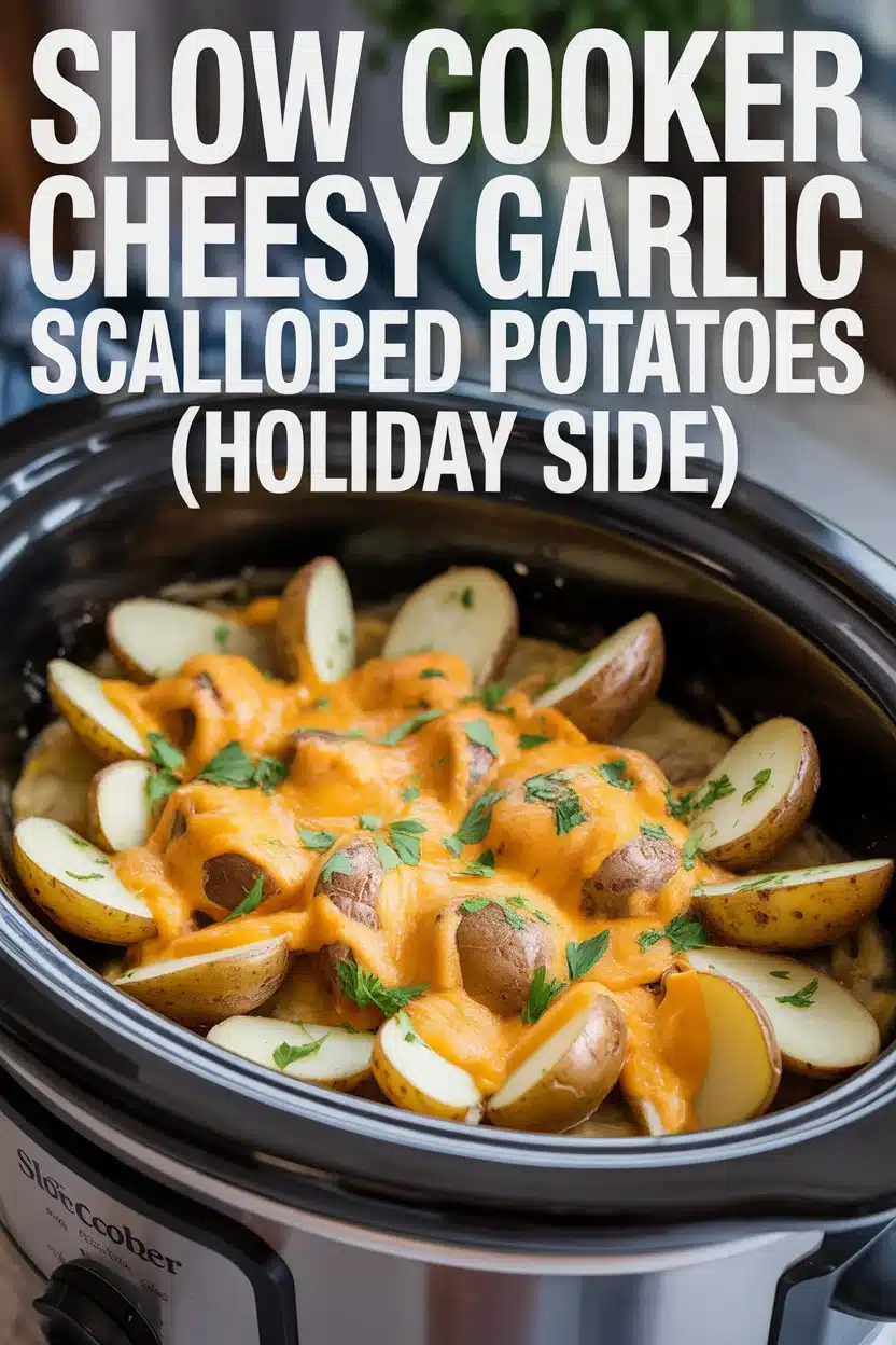 Slow Cooker Cheesy Garlic Scalloped Potatoes (Holiday Side)