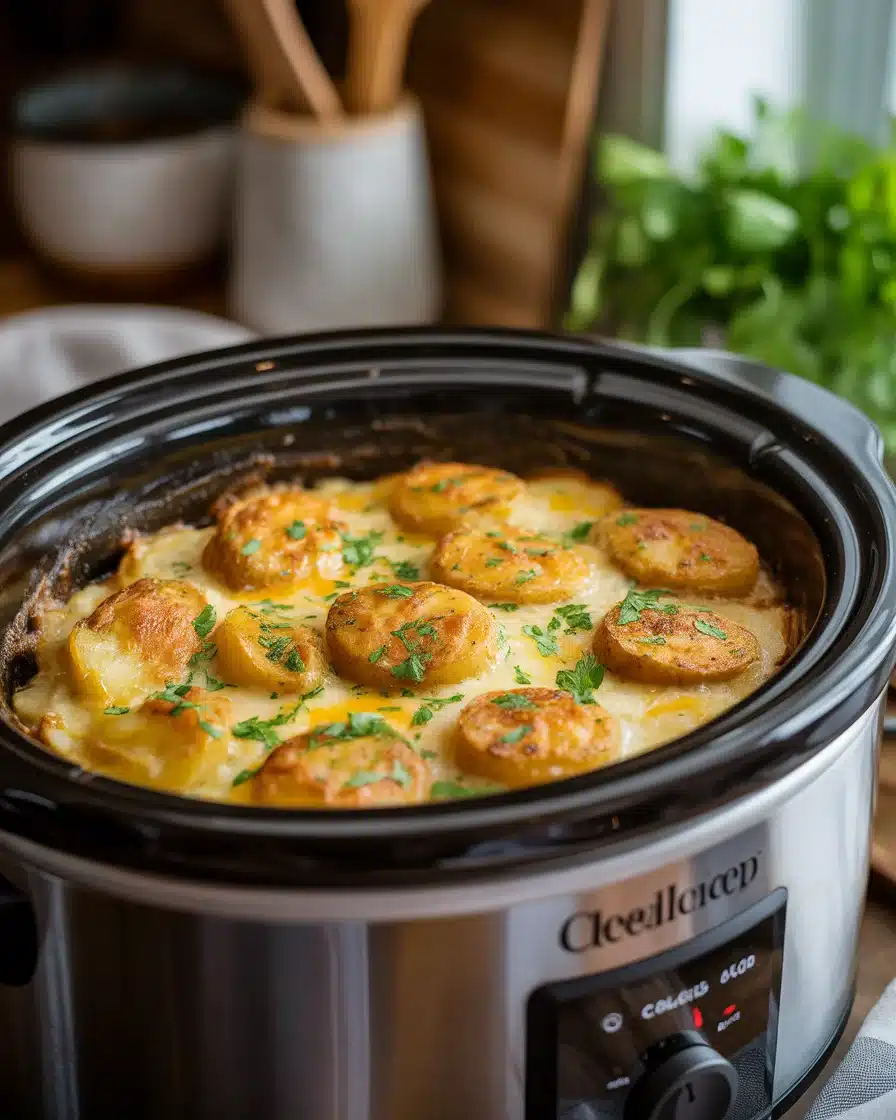 Slow Cooker Cheesy Garlic Scalloped Potatoes (Holiday Side)