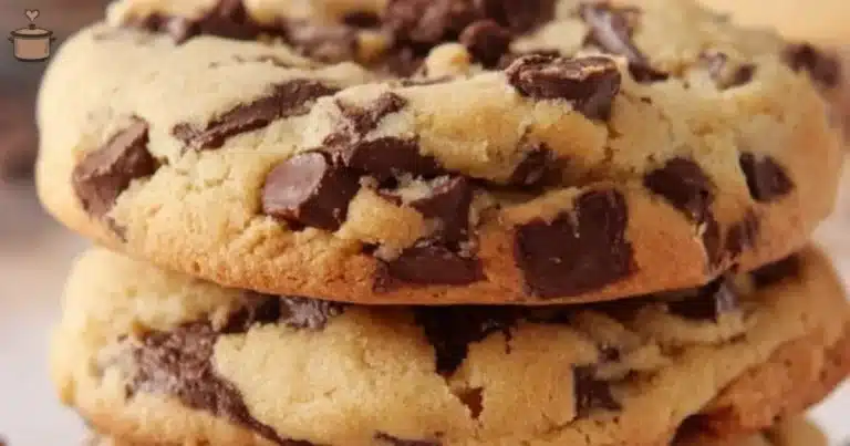 Bakery-style chocolate chip cookies on a plate, freshly baked and warm.