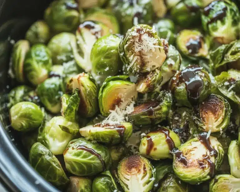 Delicious Slow Cooker Balsamic Brussels Sprouts prepared in a crockpot.