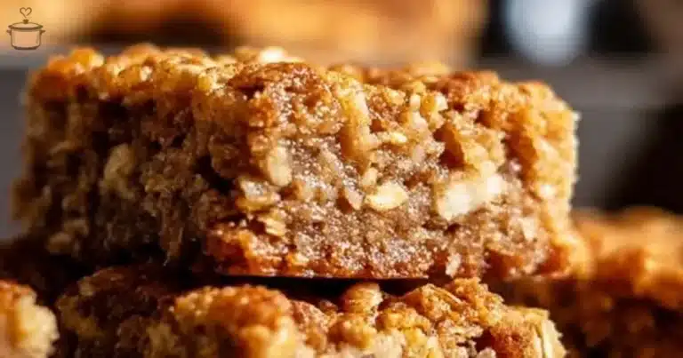 Homemade banana oatmeal bars topped with sliced bananas and oats.