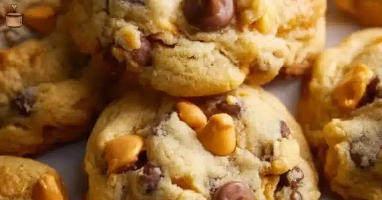 Batch of fresh butterscotch chocolate chip cookies on a wooden table