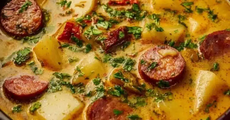 A bowl of hearty Cajun Potato Soup garnished with herbs and spices