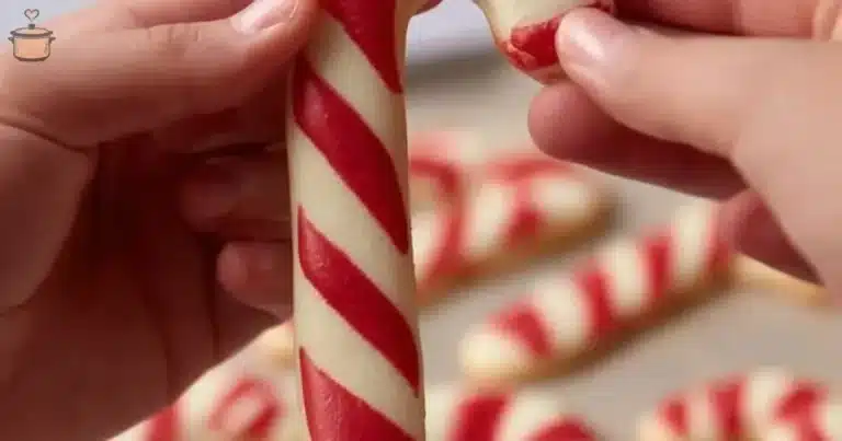 Plate of festive candy cane cookies with red and green swirls.