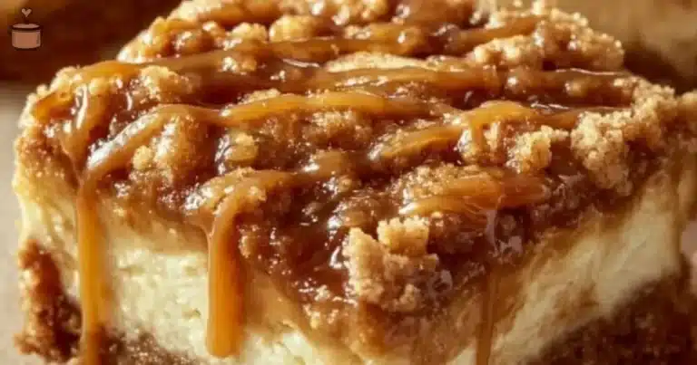 Caramel apple cheesecake bars with a graham cracker crust and apple topping