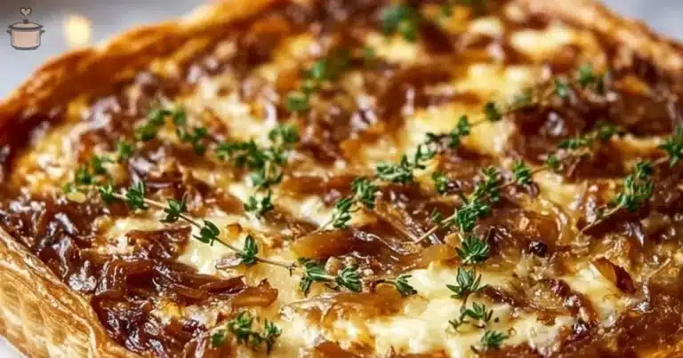 Delicious caramelized onion tart on a wooden table