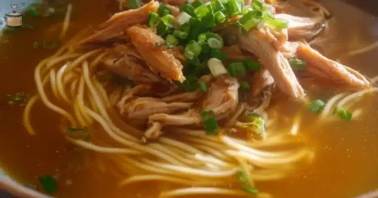 A bowl of comforting Chicken Noodle Soup with vegetables and herbs, perfect for cozy meals.