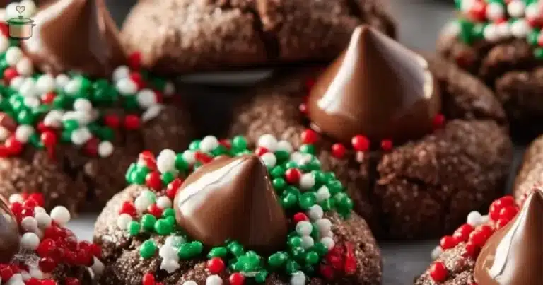 Freshly baked Chocolate Blossom Cookies with chocolate kisses on top