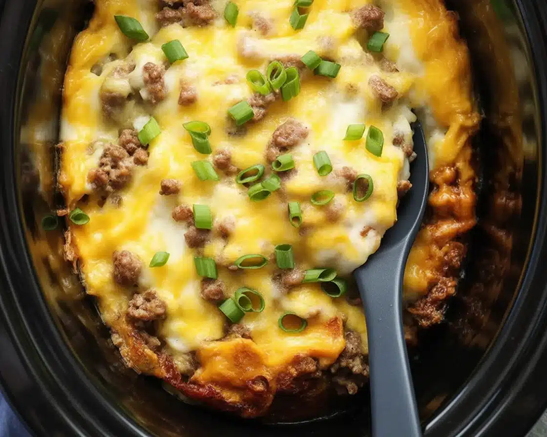 Delicious and easy crock pot breakfast casserole with eggs, cheese, and hash browns.