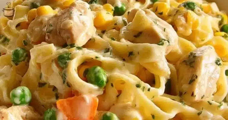 Delicious Classic Chicken Pot Pie Pasta served in a bowl
