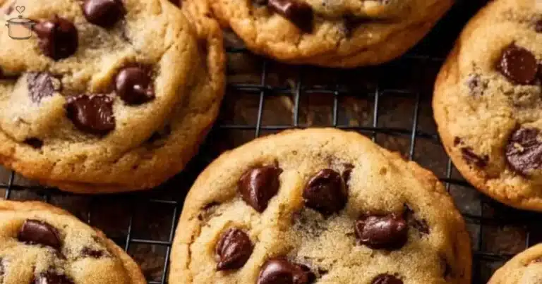 Freshly baked classic chocolate chip cookies on a cooling rack.