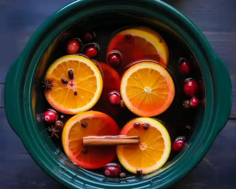 Cozy mulled wine in a crock pot with spices and citrus for winter warmth.