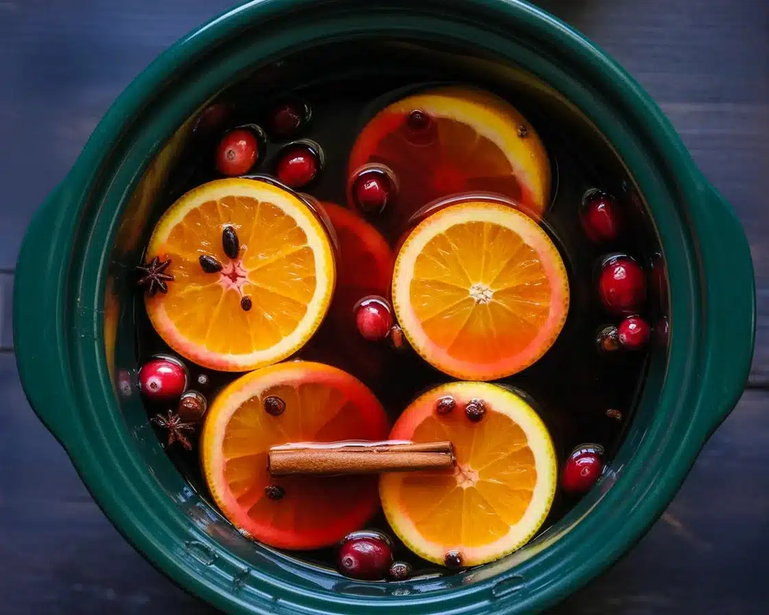 Cozy mulled wine in a crock pot with spices and citrus for winter warmth.