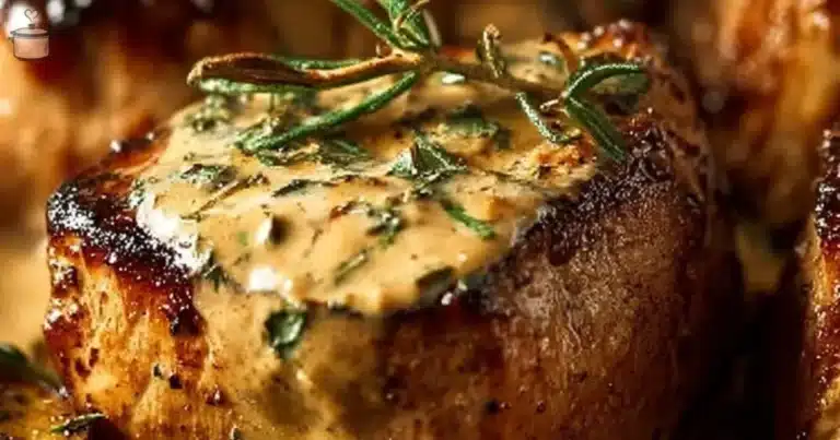 Creamy pork tenderloin dish served on a plate with garnishes