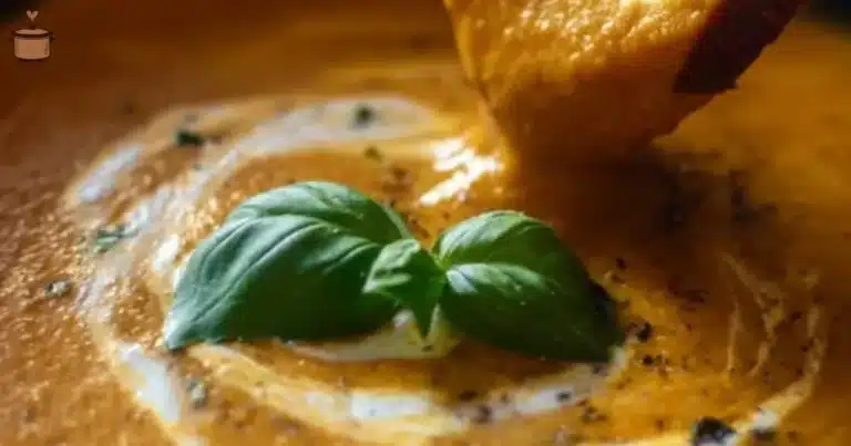 A bowl of creamy roasted veggie soup topped with fresh herbs and served warm