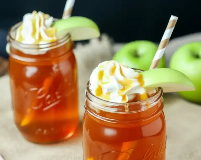 Slow cooker caramel apple cider with spices and caramel sauce in a bowl