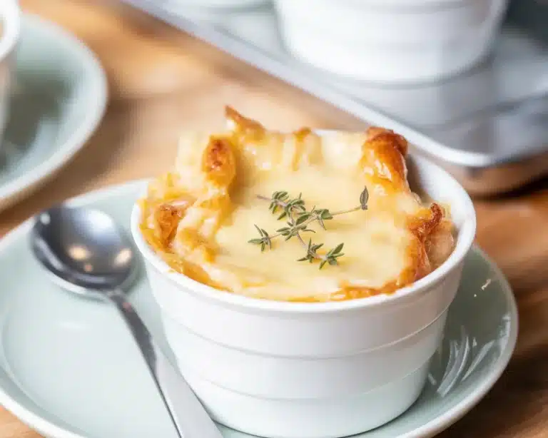 Delicious slow cooker French onion soup with caramelized onions and melted cheese.