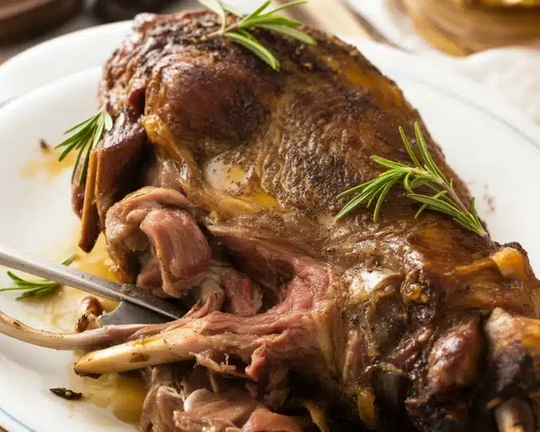 Tender slow cooker leg of lamb with garlic and rosemary, ready to serve.
