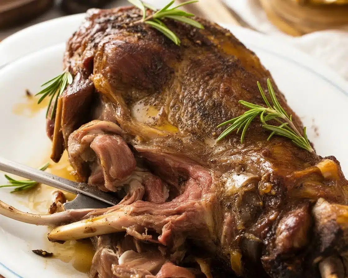 Tender slow cooker leg of lamb with garlic and rosemary, ready to serve.