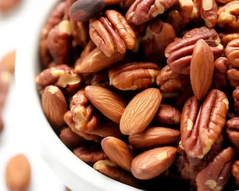 Slow cooker spiced nuts in a bowl, perfect for snacking and gifting.