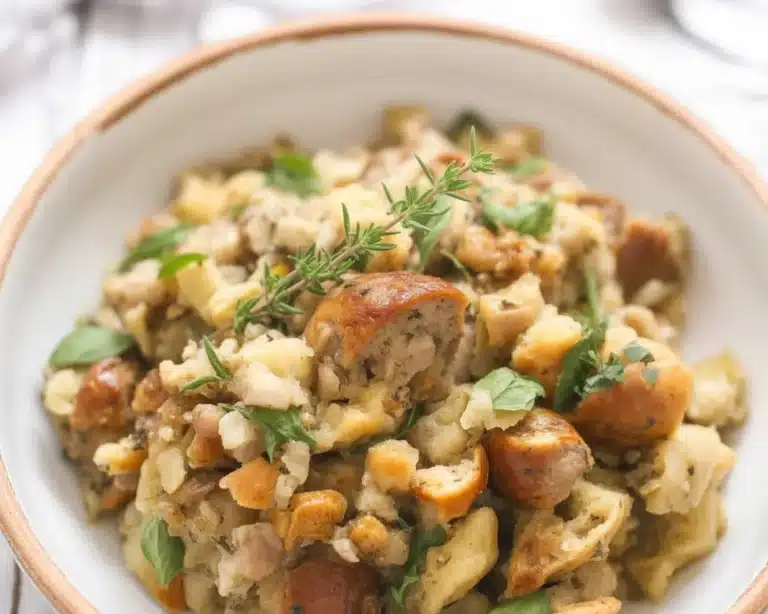 Delicious stuffing with sausage prepared in a crock pot.
