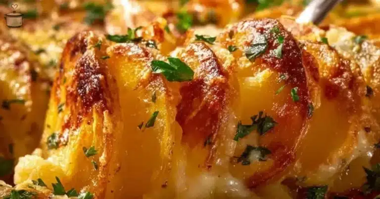 Delicious easy cheesy scalloped potatoes baked until golden and bubbly.