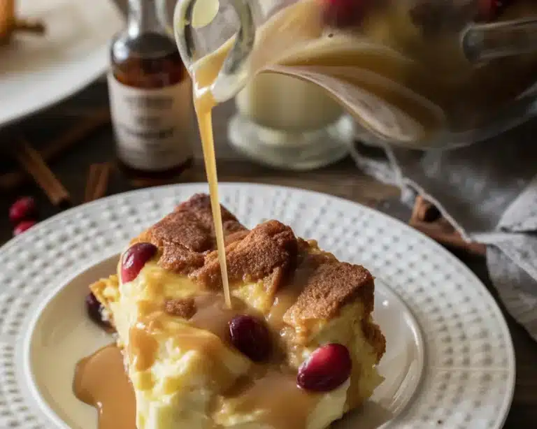 Delicious eggnog bread pudding topped with warm whiskey sauce and whipped cream.
