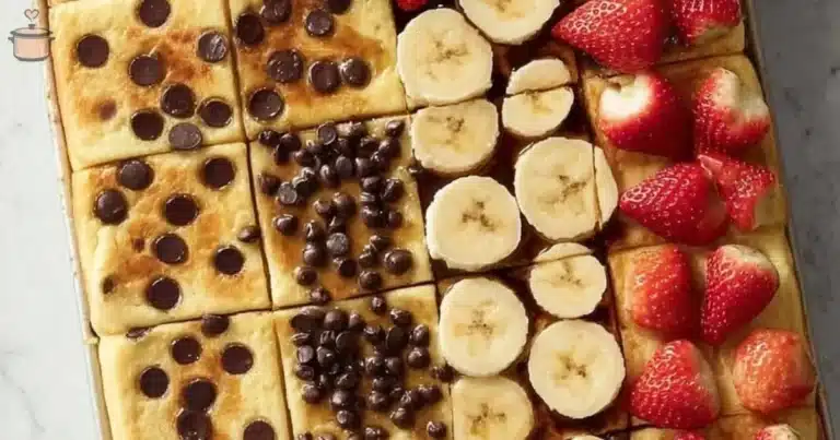 Delicious fluffy sheet pan pancakes served with syrup and berries