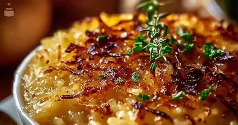 Delicious serving of French Onion Butter Rice garnished with herbs.